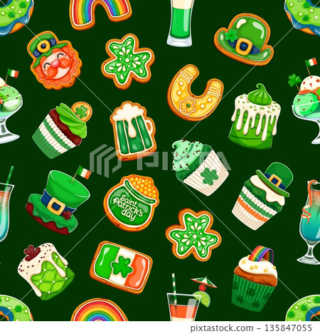 Saint Patrick day seamless pattern with green cupcakes, shamrock cookies, rainbow sweet, tasty horseshoes. Cartoon vector tile pattern filled with festive leprechaun hats, pots of gold or Irish flags Saint Patrick day seamless pattern with green cupcakes, shamrock cookies, rainbow sweet, tasty horseshoes. Cartoon vector tile pattern filled with festive leprechaun hats, pots of gold or Irish flags 135847055