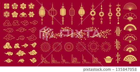 Asian oriental design elements of Chinese, Japanese, and Korean flower ornaments, vector icons. Bamboo, wave clouds and paper lantern, traditional knots or fireworks, sakura and fan Chinese elements Asian oriental design elements of Chinese, Japanese, and Korean flower ornaments, vector icons. Bamboo, wave clouds and paper lantern, traditional knots or fireworks, sakura and fan Chinese elements 135847058
