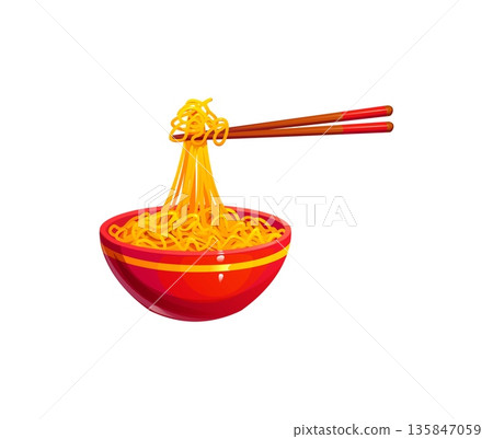 Cartoon Chinese Lunar New Year bowl with noodles lifted by chopsticks representing abundance, luck, prosperity. Vector festive food icon, game asset showing traditional Asian cuisine celebration meal Cartoon Chinese Lunar New Year bowl with noodles lifted by chopsticks representing abundance, luck, prosperity. Vector festive food icon, game asset showing traditional Asian cuisine celebration meal 135847059