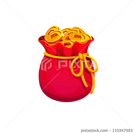 Chinese fortune pouch, lucky money bag for Lunar New Year celebration. Happy wallet with golden coins. Vector Red festive CNY sack tied with gold cord, symbol of wealth and prosperity in Asian culture Chinese fortune pouch, lucky money bag for Lunar New Year celebration. Happy wallet with golden coins. Vector Red festive CNY sack tied with gold cord, symbol of wealth and prosperity in Asian culture 135847083