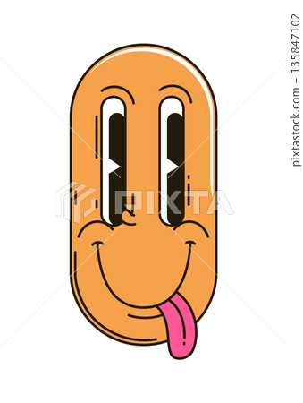 Cartoon groovy hippie smile with long eyes character. Isolated vector retro face emoji with sticking out tongue. Yellow vintage psychedelic positive facial expression. Weird, trippy surreal face 135847102
