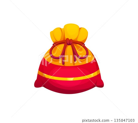 Chinese fortune pouch in red and gold colors for Lunar New Year celebration. Traditional lucky money bag tied with cord, symbol of wealth, prosperity or good fortune. Asian festive cartoon vector gift 135847103
