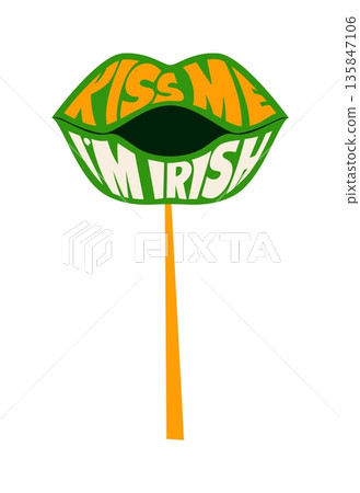 St Patricks kiss me I am Irish quote photo booth mask. Ireland party vector prop, Irish carnival mask. Saint Patricks day kids photo booth costume element with green woman lips and saying text St Patricks kiss me I am Irish quote photo booth mask. Ireland party vector prop, Irish carnival mask. Saint Patricks day kids photo booth costume element with green woman lips and saying text 135847106