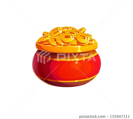 Cartoon Chinese Lunar New Year red pot filled with golden coins, symbolizing CNY holiday, wealth, fortune, prosperity. Vector festive icon or game asset with traditional shiny money treasure abundance Cartoon Chinese Lunar New Year red pot filled with golden coins, symbolizing CNY holiday, wealth, fortune, prosperity. Vector festive icon or game asset with traditional shiny money treasure abundance 135847111
