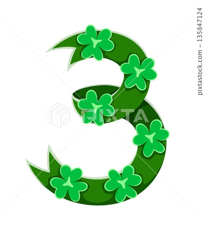 St Patricks font typeset green ribbon number 3 three. Spring holiday font vector figure, Ireland festive type digit. Saint Patricks day typeface numeral symbol with shamrock clover leaves and ribbon St Patricks font typeset green ribbon number 3 three. Spring holiday font vector figure, Ireland festive type digit. Saint Patricks day typeface numeral symbol with shamrock clover leaves and ribbon 135847124