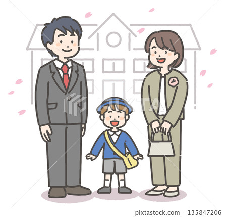 櫻花暴雨中，一個身穿制服、笑容燦爛的男孩和他的家人在一起。 135847206