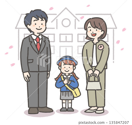 櫻花暴雨中，一位身穿校服、笑容燦爛的幼兒園小女孩和她的家人合影。 135847207