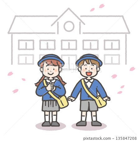 身著制服的男孩女孩們笑容燦爛，周圍飄落著漫天櫻花花瓣。 135847208