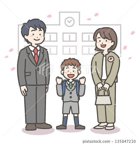 櫻花暴雨中，一位笑容燦爛的小學生和他的家人在一起。 135847210