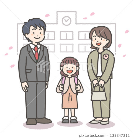 Smiling elementary school girl and her family in the cherry blossom storm 135847211