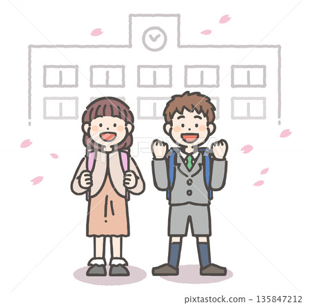 櫻花風暴中，笑容燦爛的小學生們 135847212