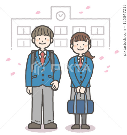 櫻花盛開的暴風雨中,笑容燦爛的男孩女孩們,國中生和高中生們。 櫻花盛開的暴風雨中,笑容燦爛的男孩女孩們,國中生和高中生們。 135847213