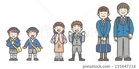 A set of smiling standing poses of kindergarteners, elementary school students, junior high school students and high school students in uniforms 135847218