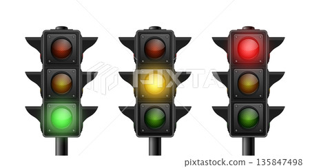 Vector 3d Realistic Traffic Light Set with Red Yellow Green Signals, Isolated. Stop and Go Concept. Road Safety Control Icon Collection. City Street Intersection Semaphore Illustration 135847498