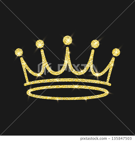 Vector Shining Gold Glitter Crown, Royal Tiara. Luxury Sparkle Emblem on Black. Gold Glitter Crown Icon for Queen and King. Gold Glitter Crown Clipart, Luxury Tiara Logo, Sparkling Jewel 135847503