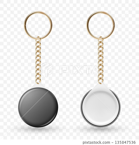 Vector 3d Blank Keychain Tag Set. Round Key Ring with Chain. Empty Keychain Pendant Mockup. Black Keychain Label. Keychain, Keyring, Tag, Mockup 135847536