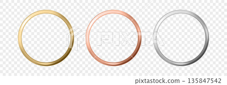 Vector 3d Metal Circle Frames Set, Isolated. Gold Ring Frame, Rose Gold Ring Frame, Silver Ring Frame for Logo, Badge, Label, Monogram, Wedding Design. Round Border Vector 3d Metal Circle Frames Set, Isolated. Gold Ring Frame, Rose Gold Ring Frame, Silver Ring Frame for Logo, Badge, Label, Monogram, Wedding Design. Round Border 135847542