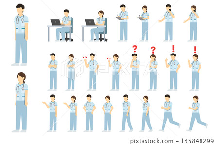 平面插畫:男女護士套裝(白色制服) 平面插畫:男女護士套裝(白色制服) 135848299