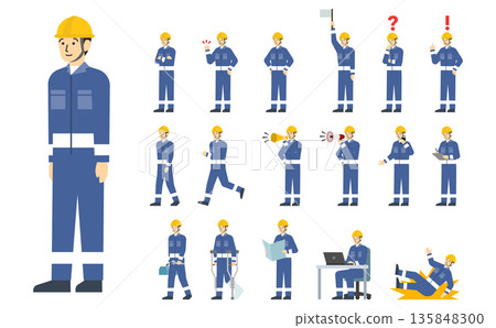 Flat illustration: Set of workers wearing blue work clothes (with facial expressions) Flat illustration: Set of workers wearing blue work clothes (with facial expressions) 135848300