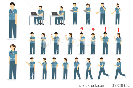 平面插畫:男女護士套裝(綠色制服) 平面插畫:男女護士套裝(綠色制服) 135848302