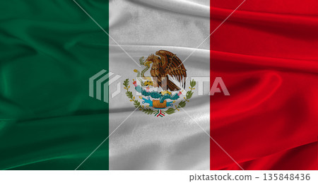 Flag of Mexico with fabric textured background. Close up of National flag of Mexico with realistic texture 135848436