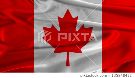 Flag of Canada with fabric textured background. Close up of National flag of Canada with realistic texture Flag of Canada with fabric textured background. Close up of National flag of Canada with realistic texture 135848452