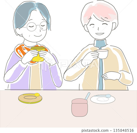 Illustration of senior women relaxing at a cafe between trips and shopping Illustration of senior women relaxing at a cafe between trips and shopping 135848516