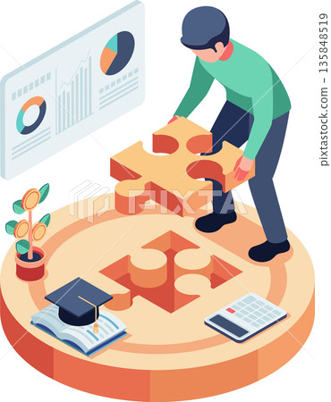 Isometric Man Solving Financial Literacy Puzzle Isometric Man Solving Financial Literacy Puzzle 135848519