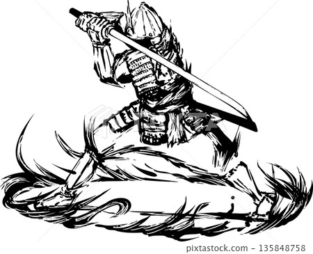 水墨畫插圖：手持寶劍的武士 135848758