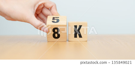 hand change wooden block from 5K to 8K, display resolution, Ultra High Definition, UHD, pixels, Technology, network, TV streaming, Social media and digital concepts 135849021