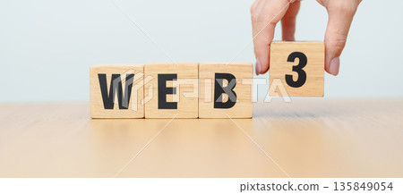 wooden block of WEB 3. Centralization, Blockchain, Decentralization, Social Media, Application Programming Interface, finance and Technology concept 135849054