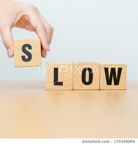 wooden block Slow. Business Flow, Workflow, Efficiency, Optimization, Smoothness and Continuous Improvement concepts wooden block Slow. Business Flow, Workflow, Efficiency, Optimization, Smoothness and Continuous Improvement concepts 135849069