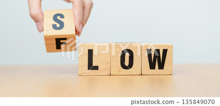 hand change wooden block Slow to Flow. Business Flow, Workflow, Efficiency, Optimization, Smoothness and Continuous Improvement concepts hand change wooden block Slow to Flow. Business Flow, Workflow, Efficiency, Optimization, Smoothness and Continuous Improvement concepts 135849070