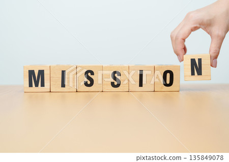wooden block Mission. Inspiration, Vision, Goal, Value,  Meaningful Work, Fulfillment, Legacy, Commitment and Enthusiasm 135849078