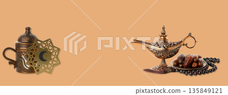 Ramadan decorations highlighting tradition and festivity on beige Ramadan decorations highlighting tradition and festivity on beige 135849121