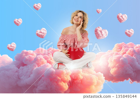 Valentine's Day scene shows a girl on clouds holding a heart Valentine's Day scene shows a girl on clouds holding a heart 135849144