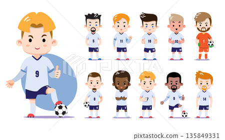 Diverse cute chibi soccer players in England national team style white and blue uniforms. Flat vector illustration featuring diverse players, goalkeeper, and various football poses. 135849331