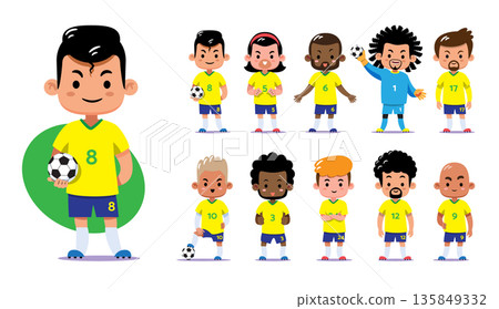 Diverse cute chibi soccer players in Brazil national team style yellow and blue uniforms. Flat design vector illustration featuring diverse players, goalkeeper, and various football poses. 135849332