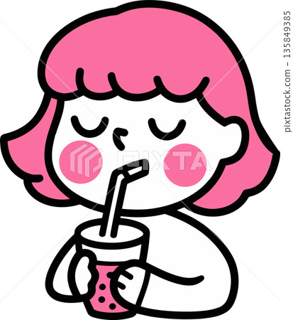 Pink-Haired Girl Drinking Bubble Tea Cartoon Illustration Pink-Haired Girl Drinking Bubble Tea Cartoon Illustration 135849385