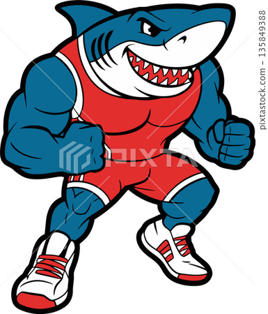 Muscular Shark Athlete in Red Sportswear Cartoon Mascot Illustration 135849388