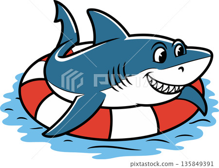 Smiling Shark in Lifebuoy Floating on Water Cartoon Illustration 135849391