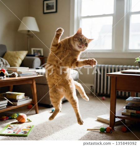 一隻貓無緣無故在房間裡跳來跳去 135849392