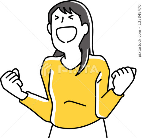 一位女士面帶微笑地揮拳慶祝。 135849470