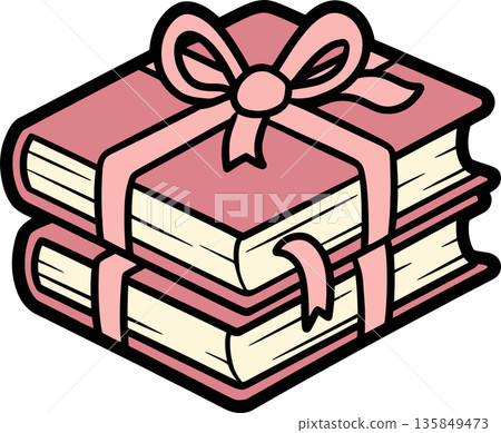 Stacked Pink Books Tied with Ribbon Gift Cartoon Illustration Stacked Pink Books Tied with Ribbon Gift Cartoon Illustration 135849473