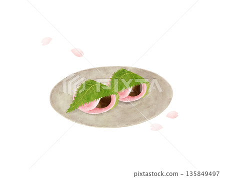 Kanto-style sakura mochi on an ochre ceramic plate, falling cherry blossom petals, Japanese sweets, watercolor illustration Kanto-style sakura mochi on an ochre ceramic plate, falling cherry blossom petals, Japanese sweets, watercolor illustration 135849497