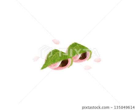 Two Kanto-style sakura mochi and falling cherry blossom petals, Japanese sweets, spring sweets, watercolor illustration, white background 135849614