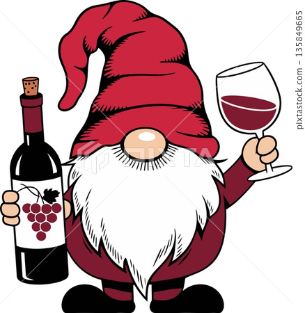 Wine-Holding Gnome in Red Hat Cartoon Illustration Wine-Holding Gnome in Red Hat Cartoon Illustration 135849665
