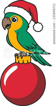Parrot in Santa Hat on Christmas Ornament Cartoon Illustration Parrot in Santa Hat on Christmas Ornament Cartoon Illustration 135849711