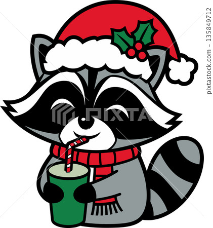 Raccoon in Santa Hat Drinking from Cup Cartoon Illustration Raccoon in Santa Hat Drinking from Cup Cartoon Illustration 135849712