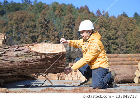 A Japanese man wearing a helmet and work clothes measuring a log A Japanese man wearing a helmet and work clothes measuring a log 135849718